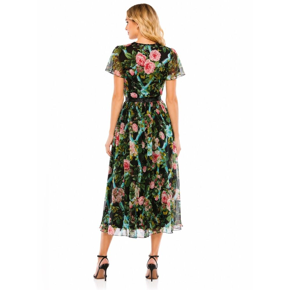 Mac Duggal Floral Illusion Cap Sleeve Midi Dress Black Multi Sheer NWT Size 4 - Picture 4 of 10